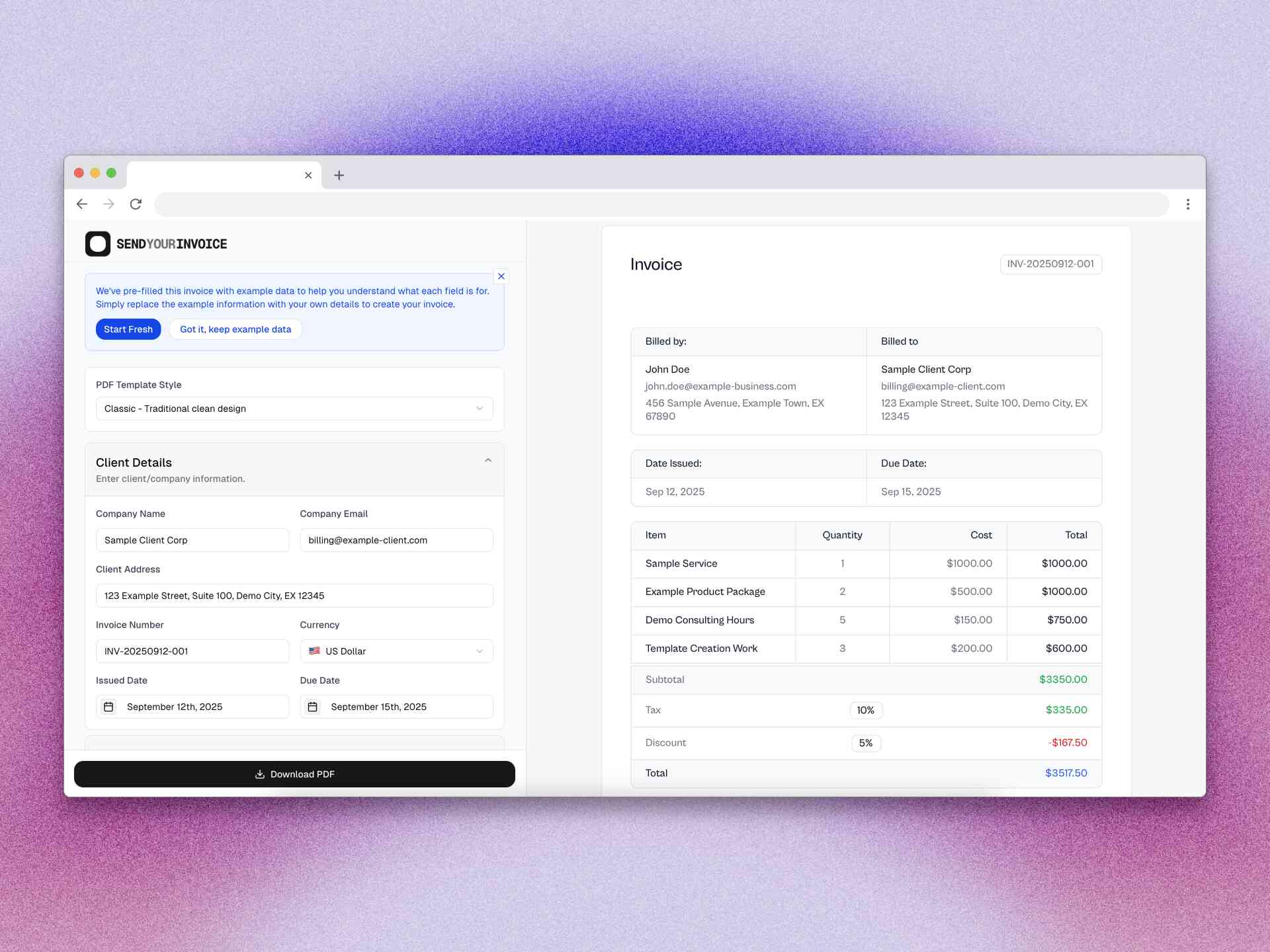 Screenshot of the best free invoice generator editor showing a professional invoice with premium design